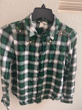 H&M Green and White Plaid Button-Down Shirt with Beaded Shoulder Accents